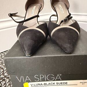 Via Spiga Black Suede Heels with Cream Accents